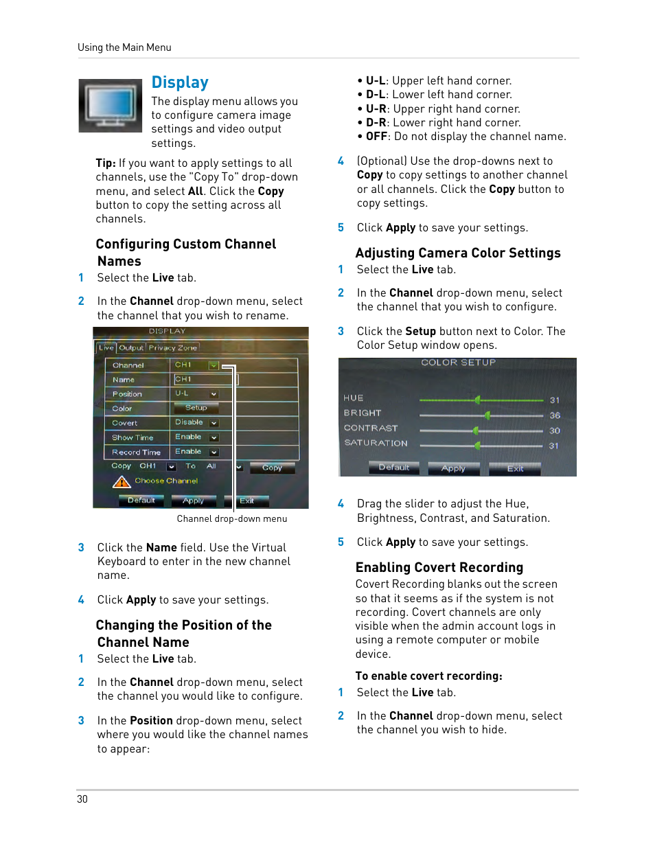 Display, Configuring custom channel names, Changing the position of the channel name | Adjusting camera color settings, Enabling covert recording | LOREX Technology DIGITAL VIDEO SURVEILLANCE RECORDER LH010 ECO BLACKBOX SERIES User Manual | Page 46 / 128