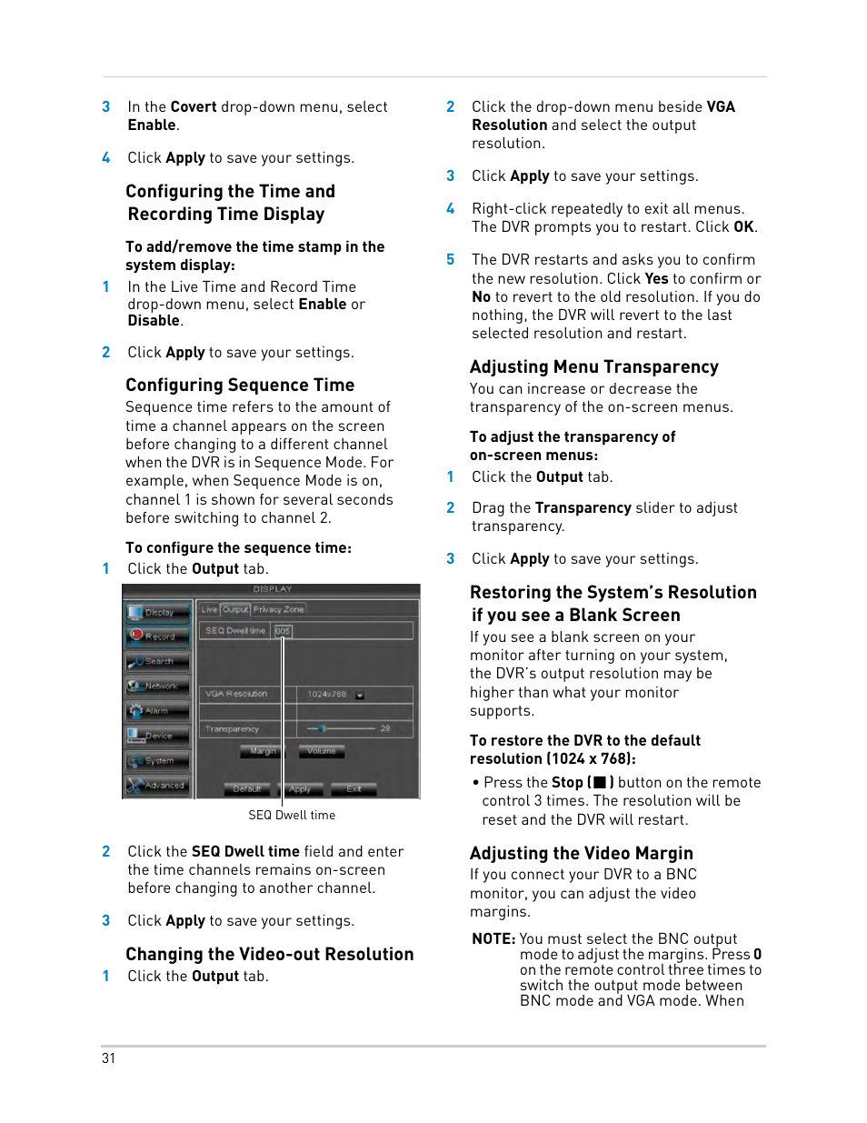 Configuring the time and recording time display, Configuring sequence time, Changing the video-out resolution | Adjusting menu transparency, Adjusting the video margin | LOREX Technology DIGITAL VIDEO SURVEILLANCE RECORDER LH010 ECO BLACKBOX SERIES User Manual | Page 47 / 128