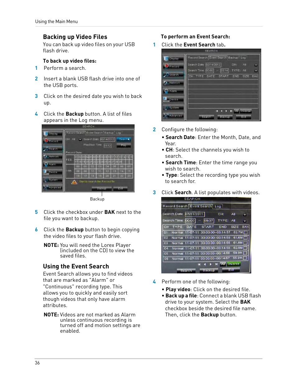 Backing up video files, Using the event search, Backing up video files using the event search | LOREX Technology DIGITAL VIDEO SURVEILLANCE RECORDER LH010 ECO BLACKBOX SERIES User Manual | Page 52 / 128