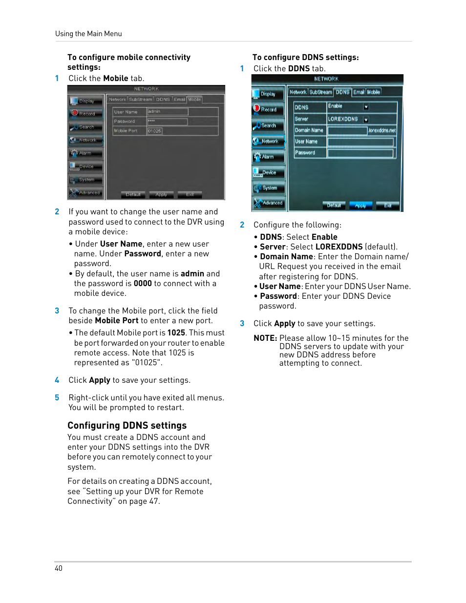 Configuring ddns settings | LOREX Technology DIGITAL VIDEO SURVEILLANCE RECORDER LH010 ECO BLACKBOX SERIES User Manual | Page 56 / 128