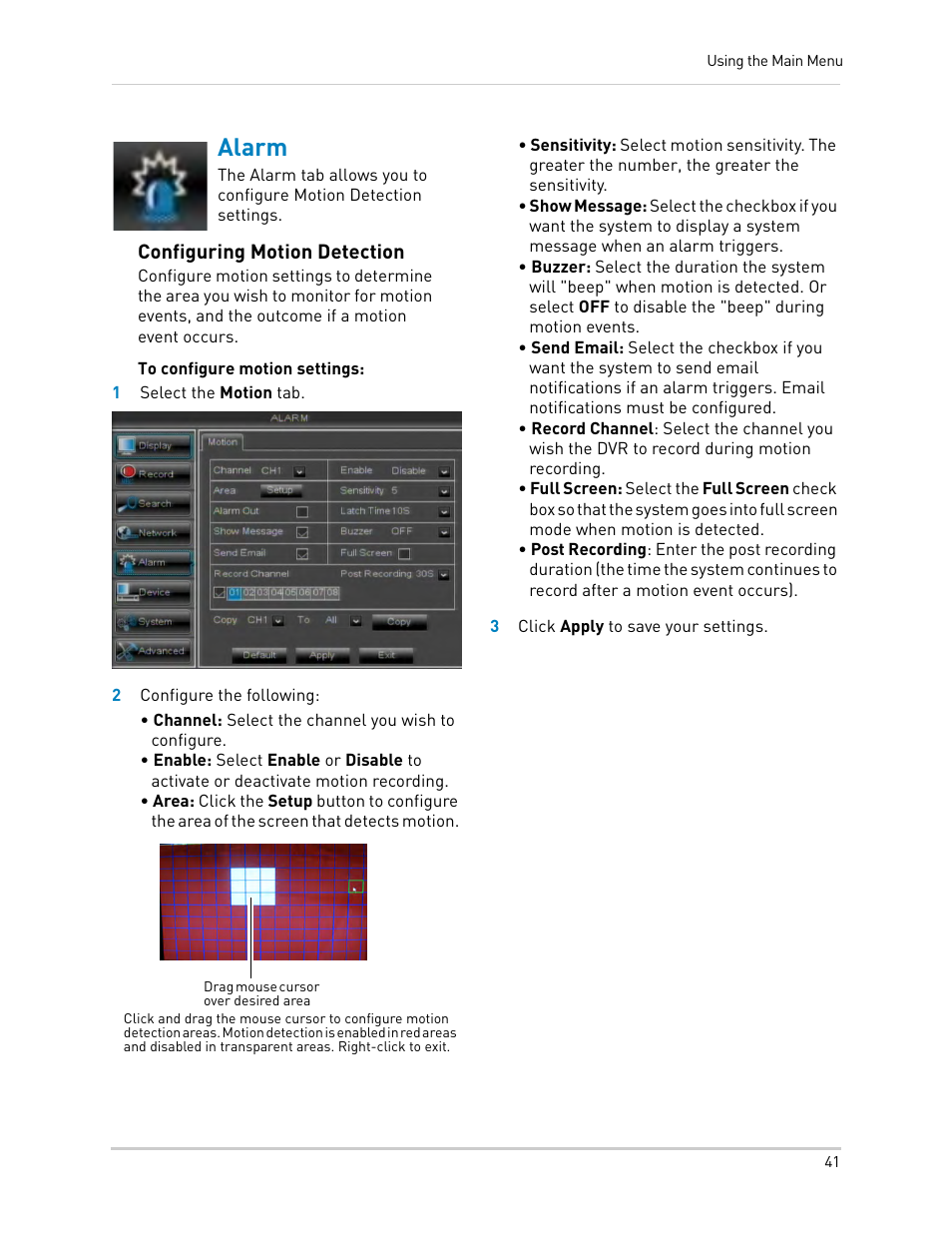 Alarm, Configuring motion detection | LOREX Technology DIGITAL VIDEO SURVEILLANCE RECORDER LH010 ECO BLACKBOX SERIES User Manual | Page 57 / 128