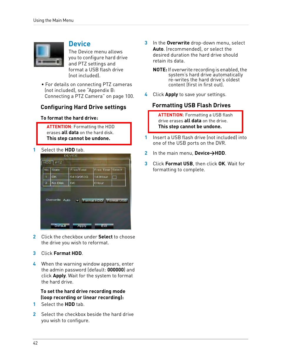 Device, Configuring hard drive settings, Formatting usb flash drives | LOREX Technology DIGITAL VIDEO SURVEILLANCE RECORDER LH010 ECO BLACKBOX SERIES User Manual | Page 58 / 128