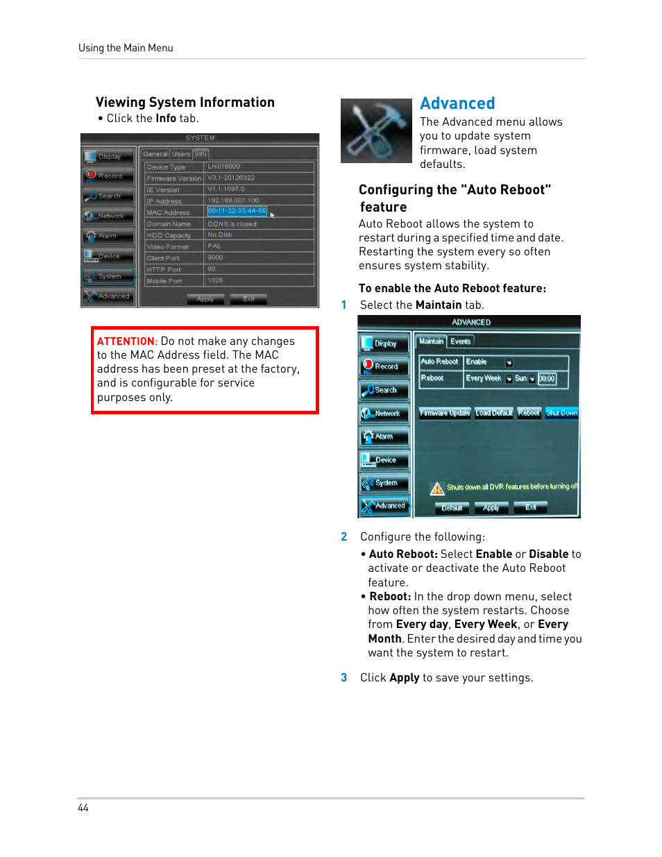 Viewing system information, Advanced, Configuring the "auto reboot" feature | LOREX Technology DIGITAL VIDEO SURVEILLANCE RECORDER LH010 ECO BLACKBOX SERIES User Manual | Page 60 / 128