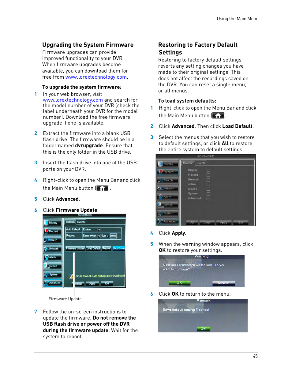 Upgrading the system firmware, Restoring to factory default settings | LOREX Technology DIGITAL VIDEO SURVEILLANCE RECORDER LH010 ECO BLACKBOX SERIES User Manual | Page 61 / 128