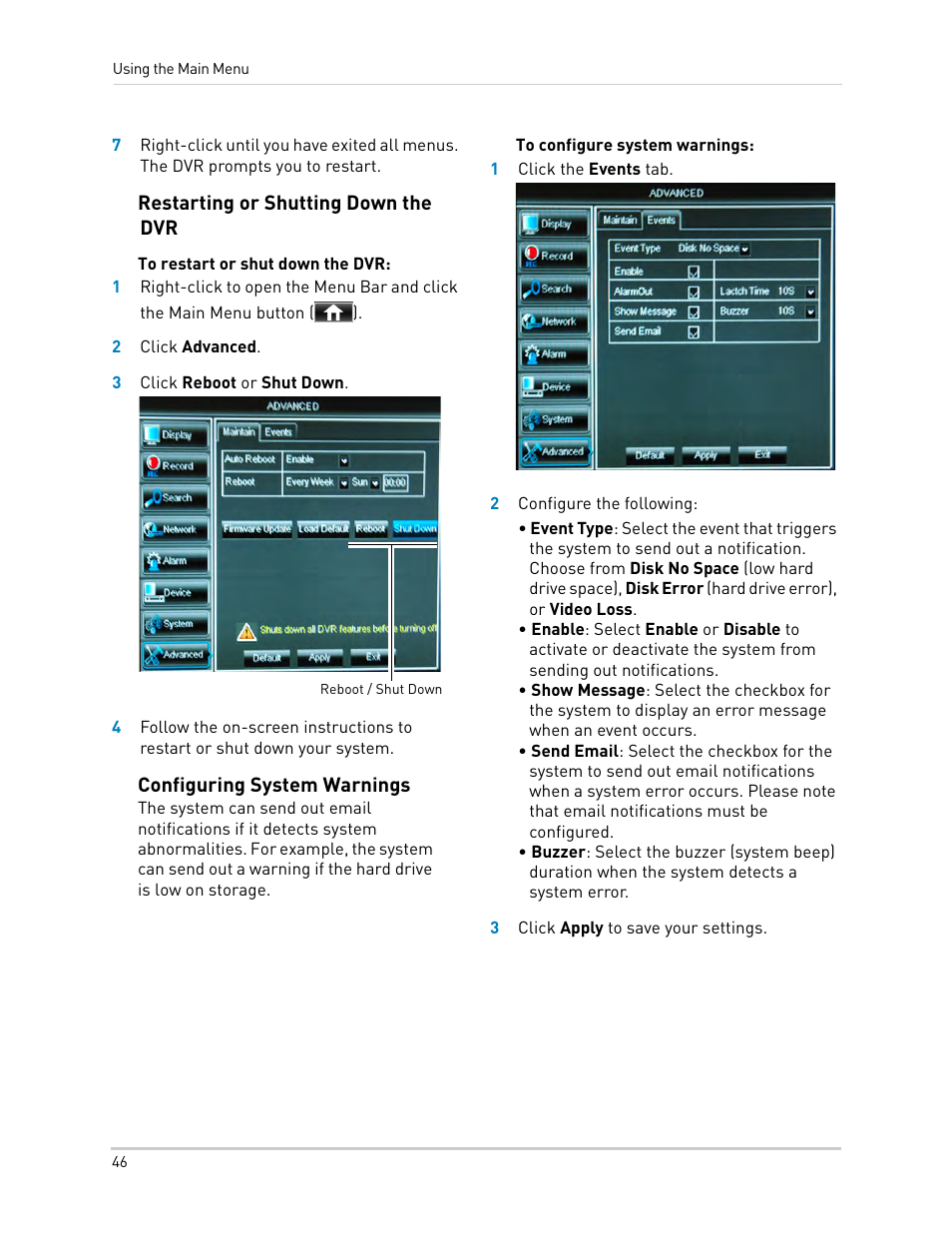 Restarting or shutting down the dvr, Configuring system warnings | LOREX Technology DIGITAL VIDEO SURVEILLANCE RECORDER LH010 ECO BLACKBOX SERIES User Manual | Page 62 / 128