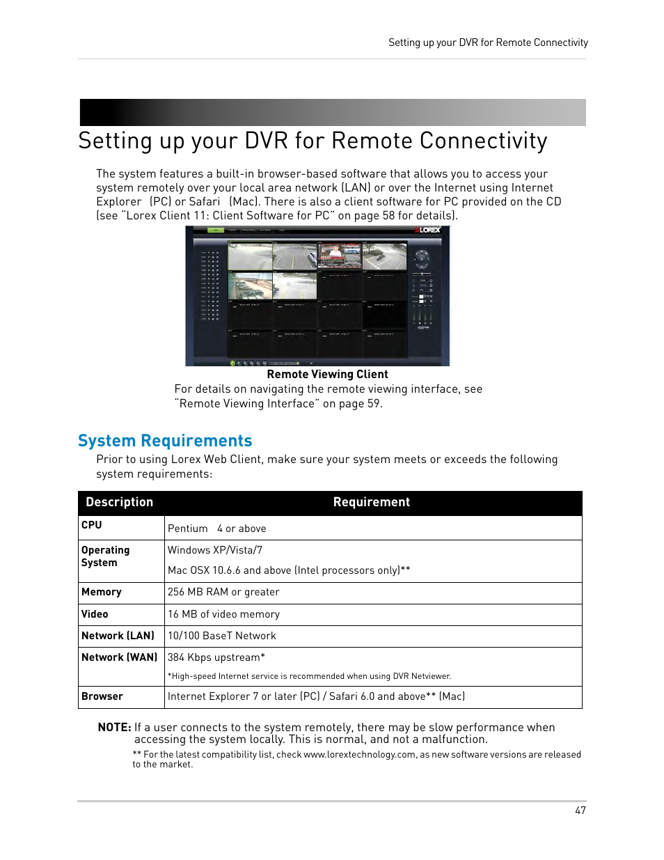 Setting up your dvr for remote connectivity, System requirements | LOREX Technology DIGITAL VIDEO SURVEILLANCE RECORDER LH010 ECO BLACKBOX SERIES User Manual | Page 63 / 128