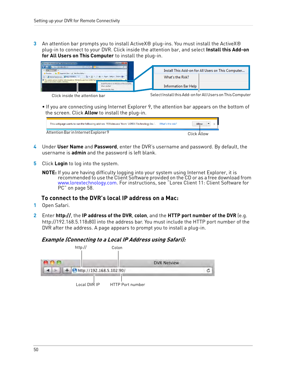 To connect to the dvr’s local ip address on a mac | LOREX Technology DIGITAL VIDEO SURVEILLANCE RECORDER LH010 ECO BLACKBOX SERIES User Manual | Page 66 / 128