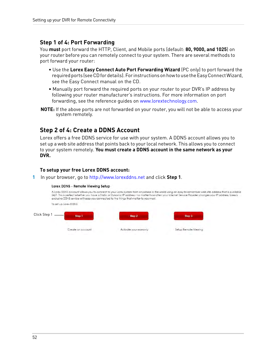 Step 1 of 4: port forwarding, Step 2 of 4: create a ddns account | LOREX Technology DIGITAL VIDEO SURVEILLANCE RECORDER LH010 ECO BLACKBOX SERIES User Manual | Page 68 / 128