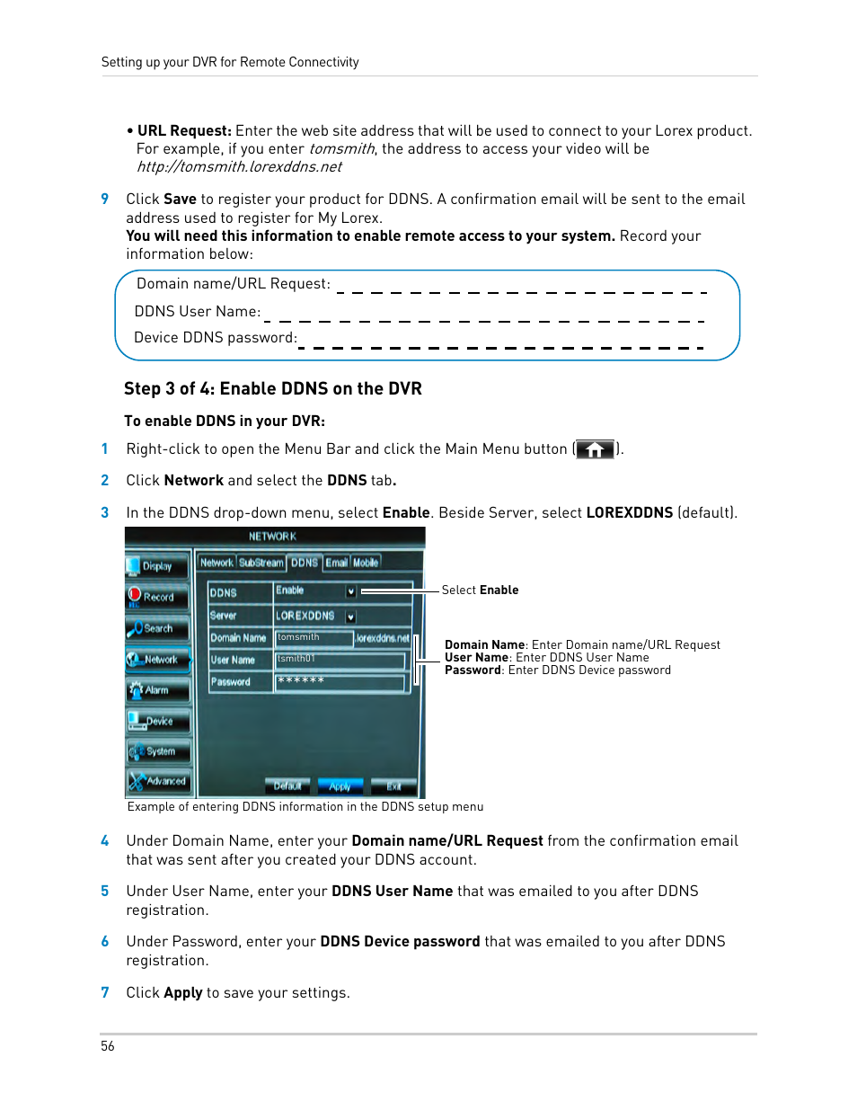 Step 3 of 4: enable ddns on the dvr | LOREX Technology DIGITAL VIDEO SURVEILLANCE RECORDER LH010 ECO BLACKBOX SERIES User Manual | Page 72 / 128