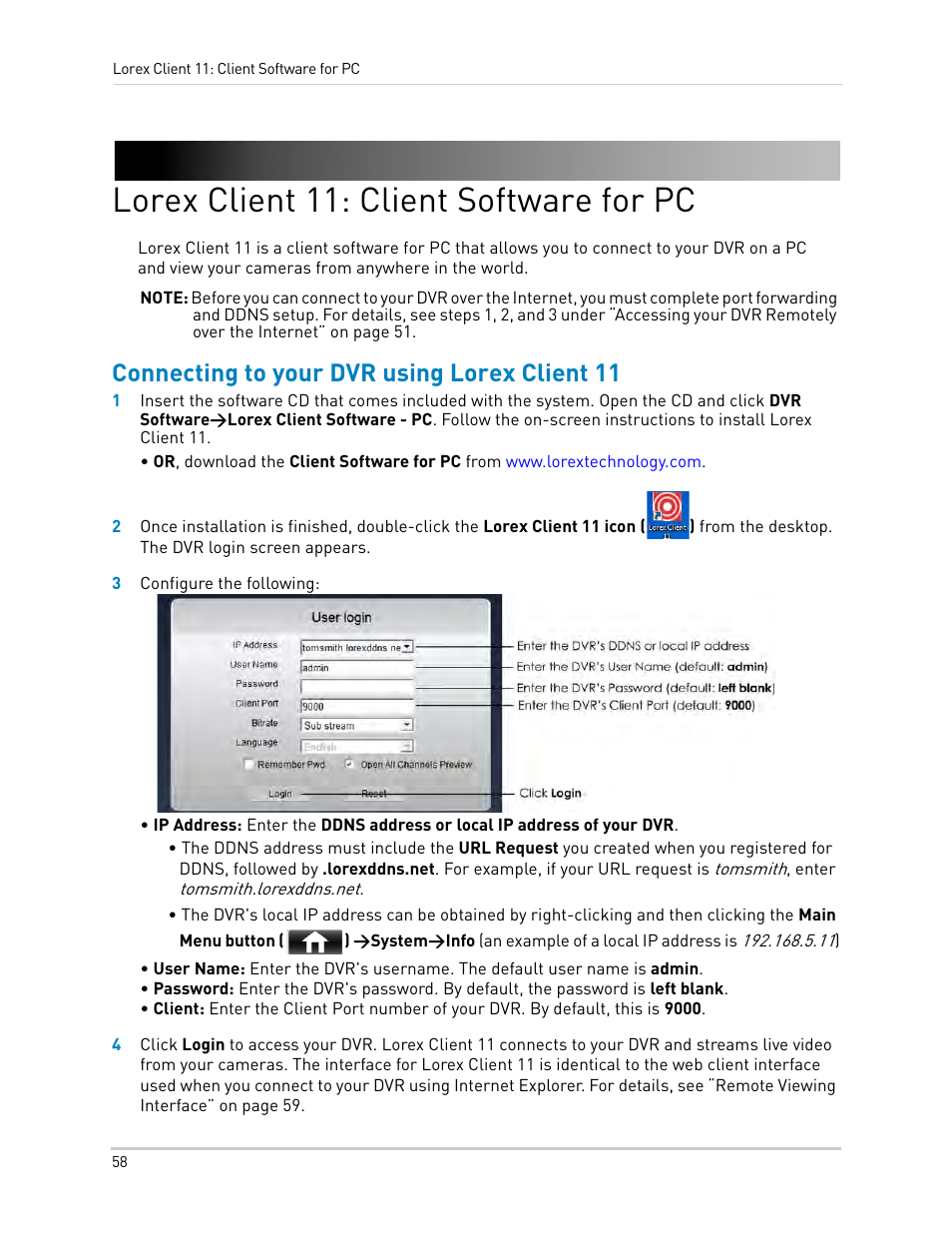 Lorex client 11: client software for pc, Connecting to your dvr using lorex client 11 | LOREX Technology DIGITAL VIDEO SURVEILLANCE RECORDER LH010 ECO BLACKBOX SERIES User Manual | Page 74 / 128