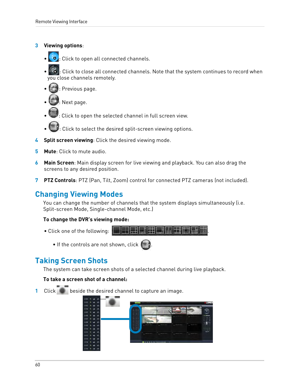 Changing viewing modes, Taking screen shots, Changing viewing modes taking screen shots | LOREX Technology DIGITAL VIDEO SURVEILLANCE RECORDER LH010 ECO BLACKBOX SERIES User Manual | Page 76 / 128