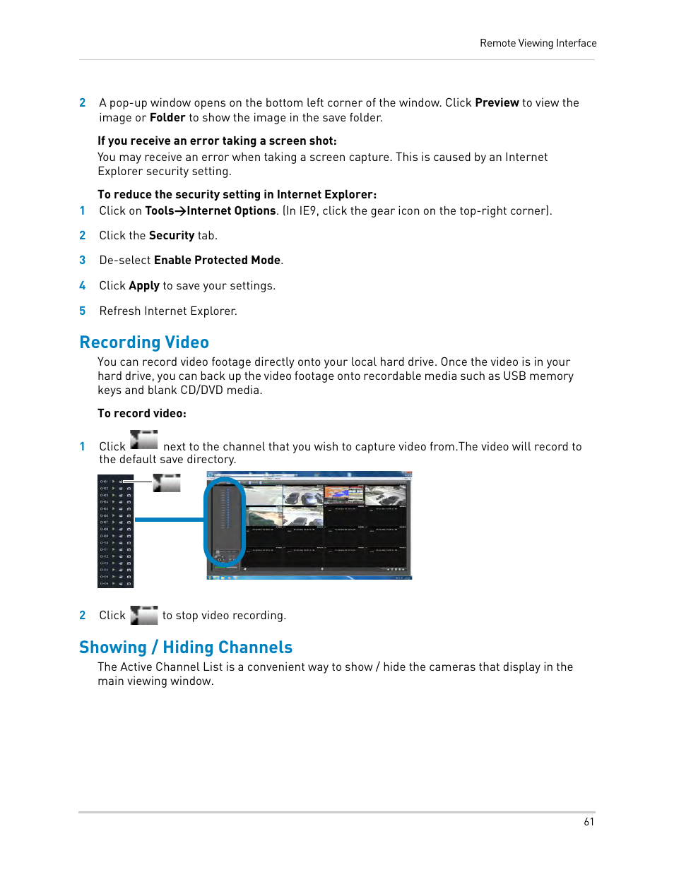 Recording video, Showing / hiding channels, Recording video showing / hiding channels | LOREX Technology DIGITAL VIDEO SURVEILLANCE RECORDER LH010 ECO BLACKBOX SERIES User Manual | Page 77 / 128