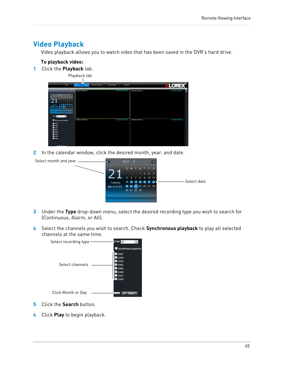 Video playback | LOREX Technology DIGITAL VIDEO SURVEILLANCE RECORDER LH010 ECO BLACKBOX SERIES User Manual | Page 81 / 128