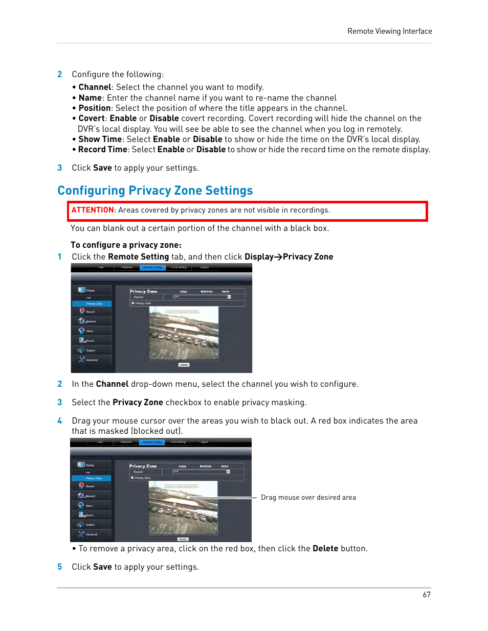 Configuring privacy zone settings | LOREX Technology DIGITAL VIDEO SURVEILLANCE RECORDER LH010 ECO BLACKBOX SERIES User Manual | Page 83 / 128