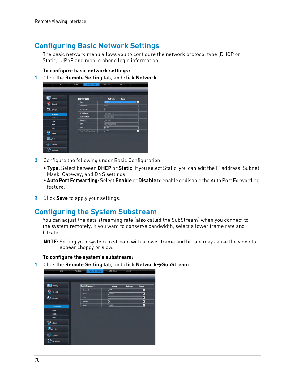 Configuring basic network settings, Configuring the system substream | LOREX Technology DIGITAL VIDEO SURVEILLANCE RECORDER LH010 ECO BLACKBOX SERIES User Manual | Page 86 / 128