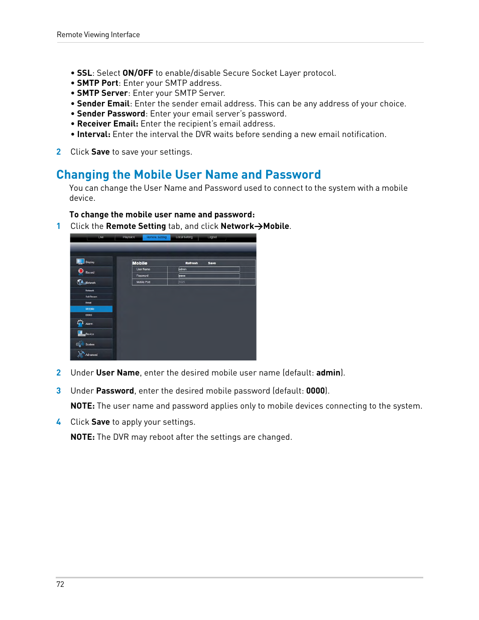 Changing the mobile user name and password | LOREX Technology DIGITAL VIDEO SURVEILLANCE RECORDER LH010 ECO BLACKBOX SERIES User Manual | Page 88 / 128