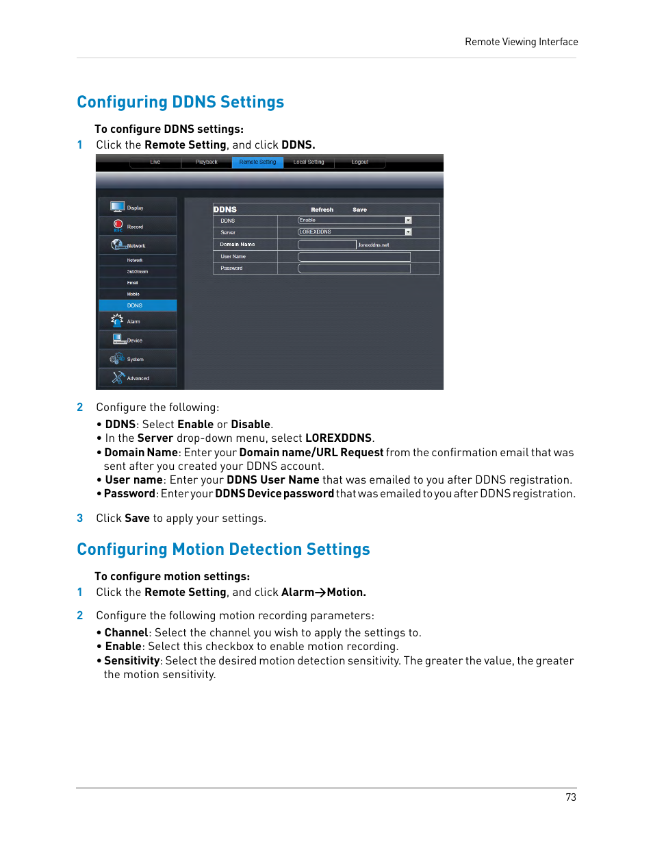 Configuring ddns settings, Configuring motion detection settings | LOREX Technology DIGITAL VIDEO SURVEILLANCE RECORDER LH010 ECO BLACKBOX SERIES User Manual | Page 89 / 128