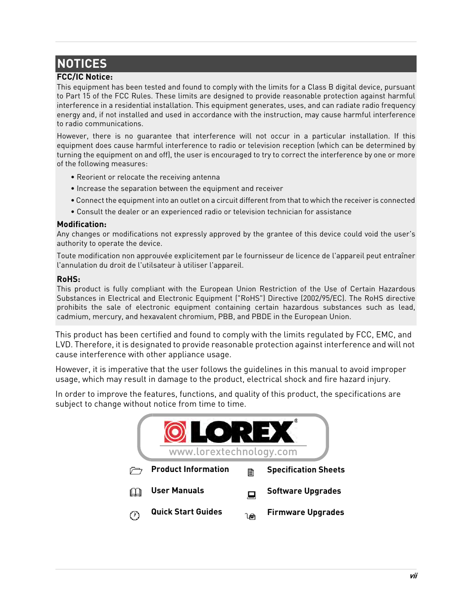 Notices | LOREX Technology DIGITAL VIDEO SURVEILLANCE RECORDER LH010 ECO BLACKBOX SERIES User Manual | Page 9 / 128