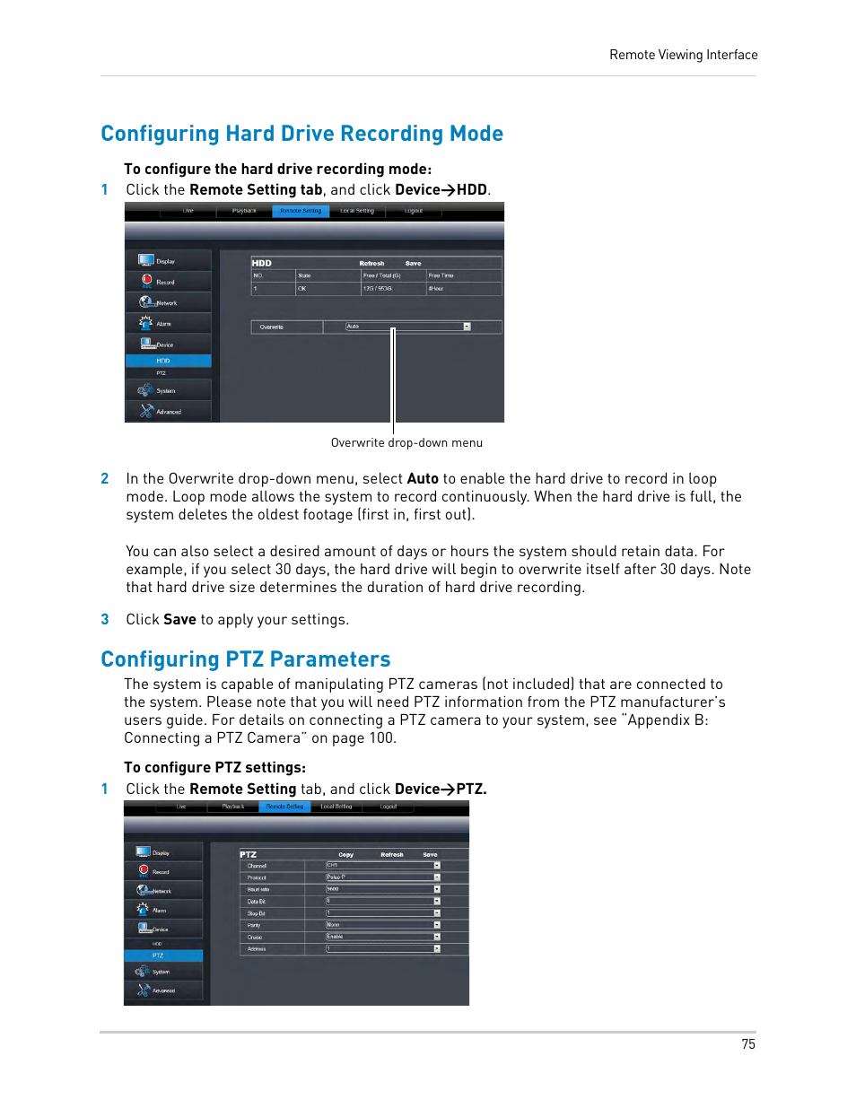 Configuring hard drive recording mode, Configuring ptz parameters | LOREX Technology DIGITAL VIDEO SURVEILLANCE RECORDER LH010 ECO BLACKBOX SERIES User Manual | Page 91 / 128