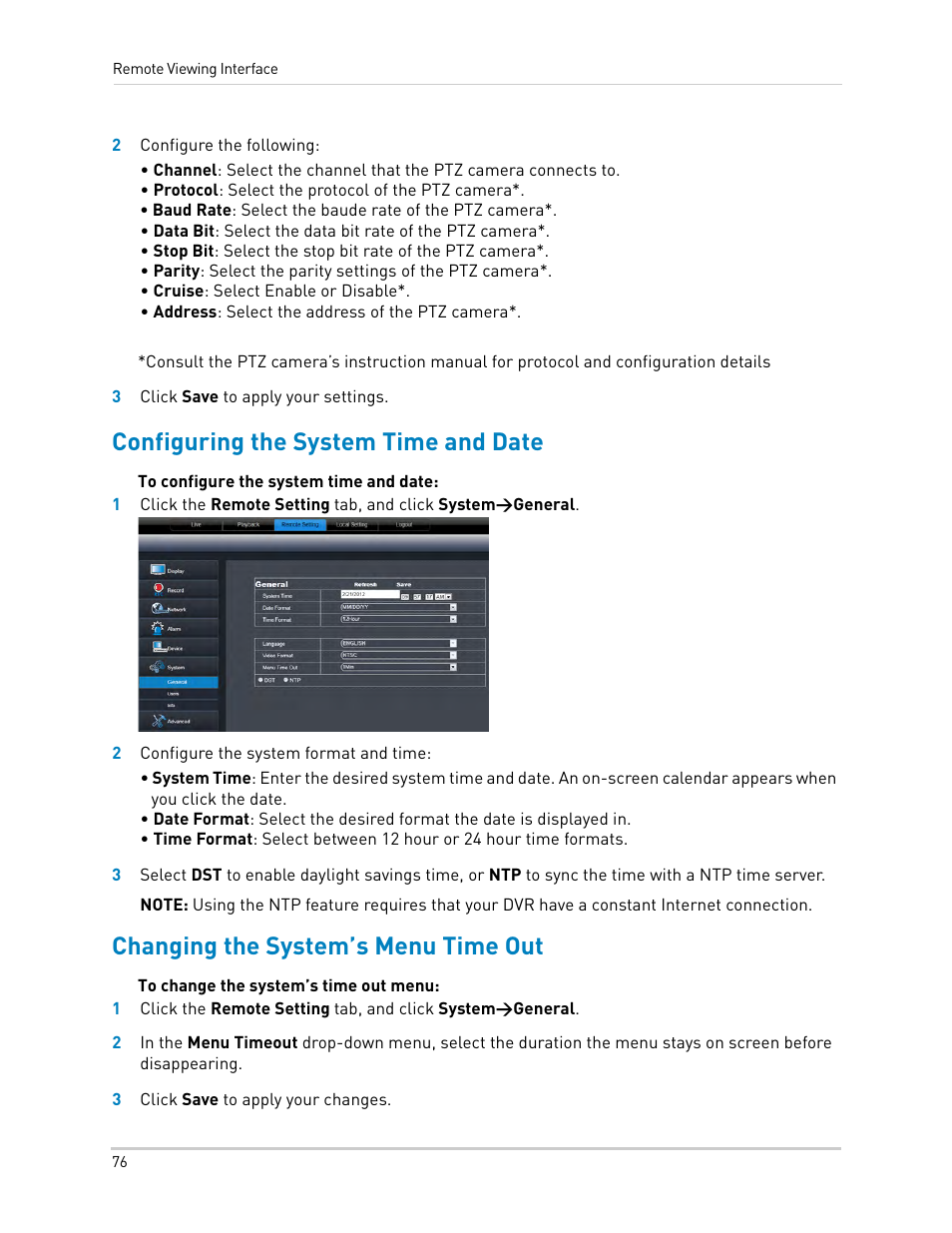 Configuring the system time and date, Changing the system’s menu time out | LOREX Technology DIGITAL VIDEO SURVEILLANCE RECORDER LH010 ECO BLACKBOX SERIES User Manual | Page 92 / 128