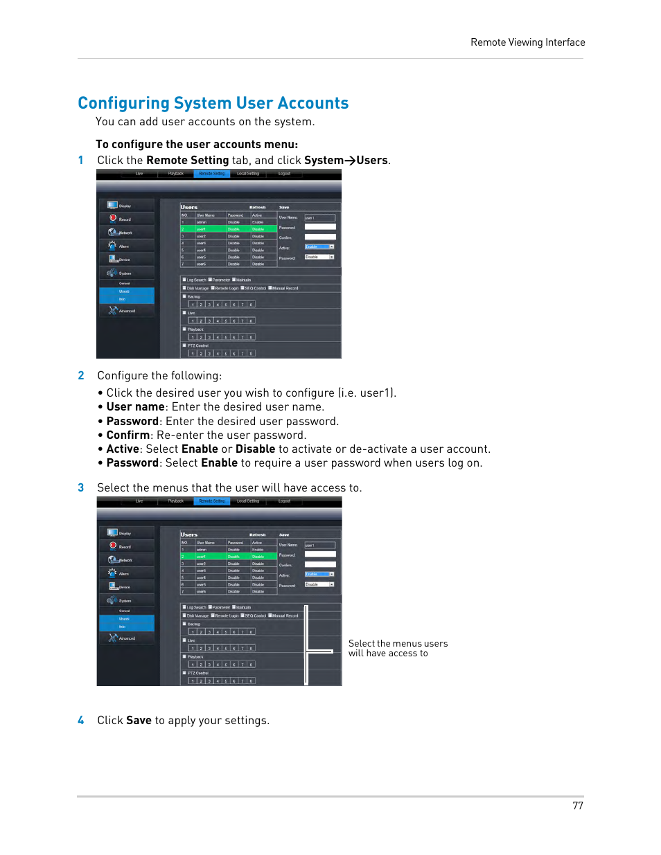 Configuring system user accounts | LOREX Technology DIGITAL VIDEO SURVEILLANCE RECORDER LH010 ECO BLACKBOX SERIES User Manual | Page 93 / 128