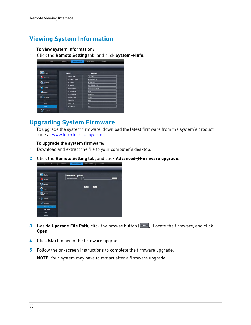 Viewing system information, Upgrading system firmware | LOREX Technology DIGITAL VIDEO SURVEILLANCE RECORDER LH010 ECO BLACKBOX SERIES User Manual | Page 94 / 128