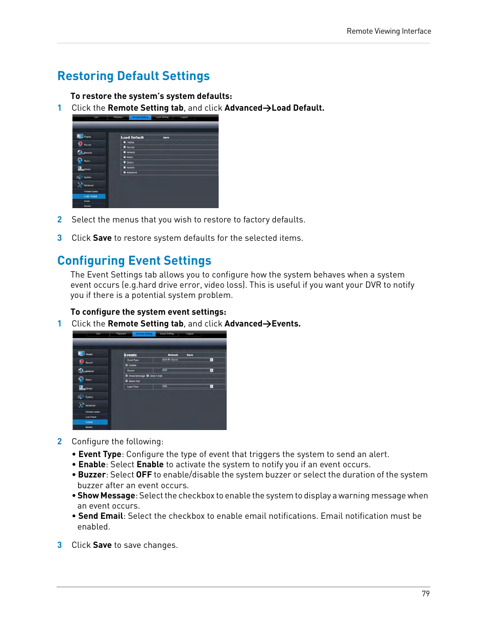 Restoring default settings, Configuring event settings | LOREX Technology DIGITAL VIDEO SURVEILLANCE RECORDER LH010 ECO BLACKBOX SERIES User Manual | Page 95 / 128