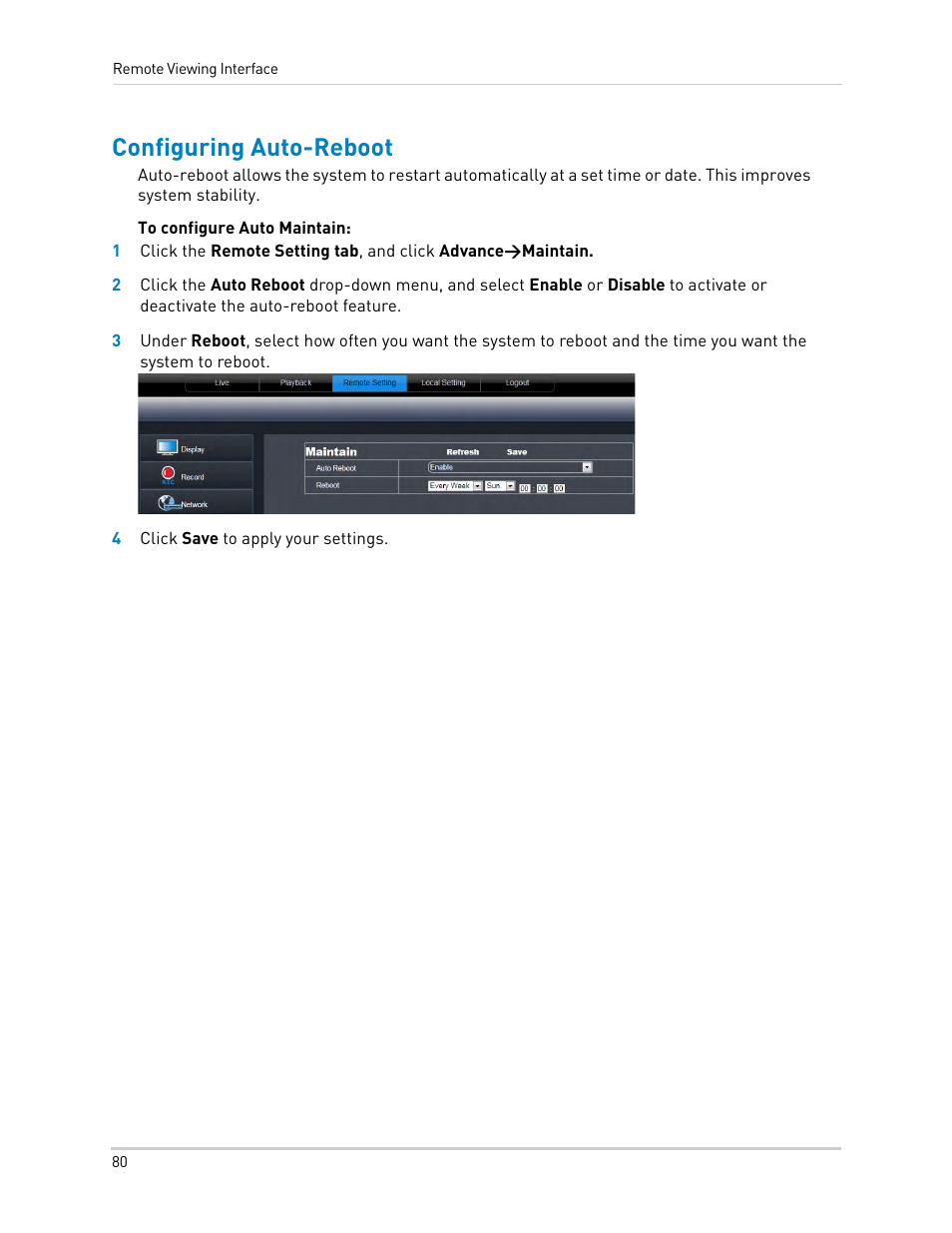 Configuring auto-reboot | LOREX Technology DIGITAL VIDEO SURVEILLANCE RECORDER LH010 ECO BLACKBOX SERIES User Manual | Page 96 / 128