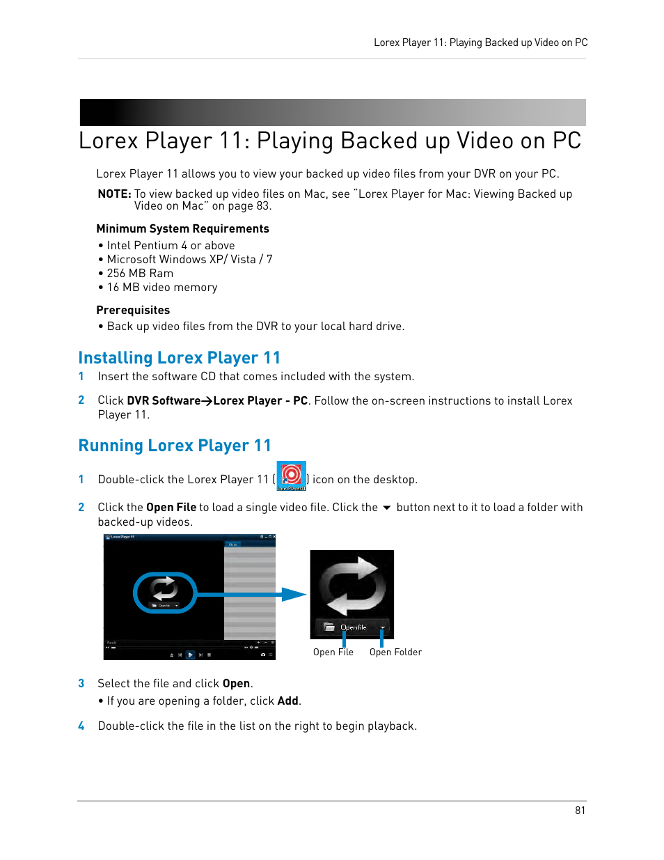 Lorex player 11: playing backed up video on pc, Installing lorex player 11, Running lorex player 11 | Installing lorex player 11 running lorex player 11 | LOREX Technology DIGITAL VIDEO SURVEILLANCE RECORDER LH010 ECO BLACKBOX SERIES User Manual | Page 97 / 128