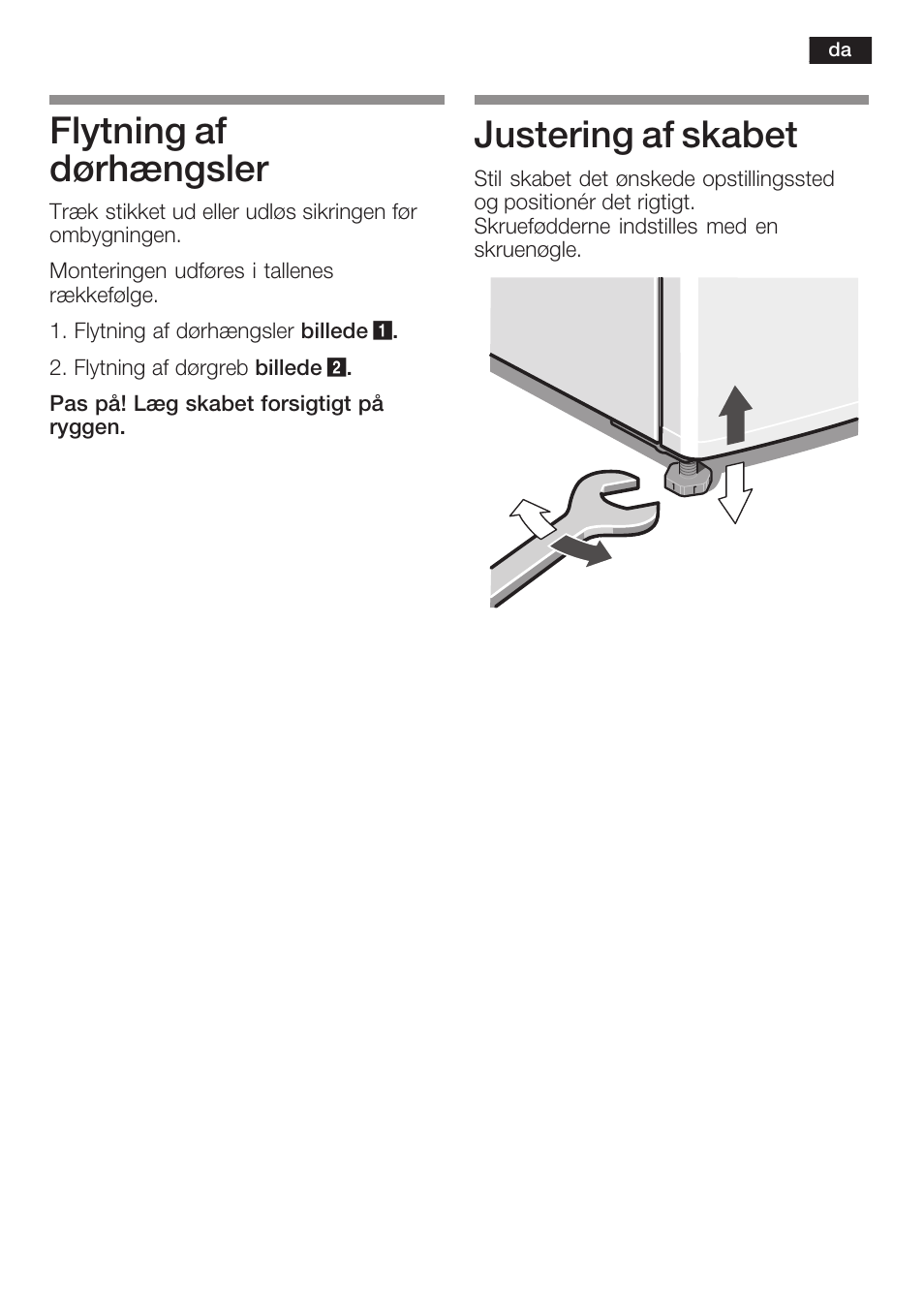 Flytning af dørhængsler, Justering af skabet | Bosch KGN 36A63 User Manual | Page 15 / 36