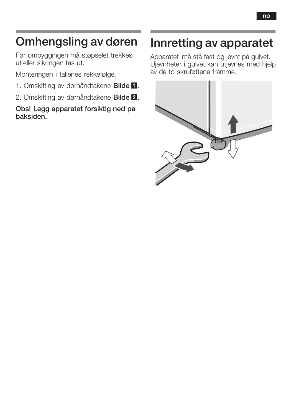 Omhengsling av døren, Innretting av apparatet | Bosch KGN 36A63 User Manual | Page 17 / 36