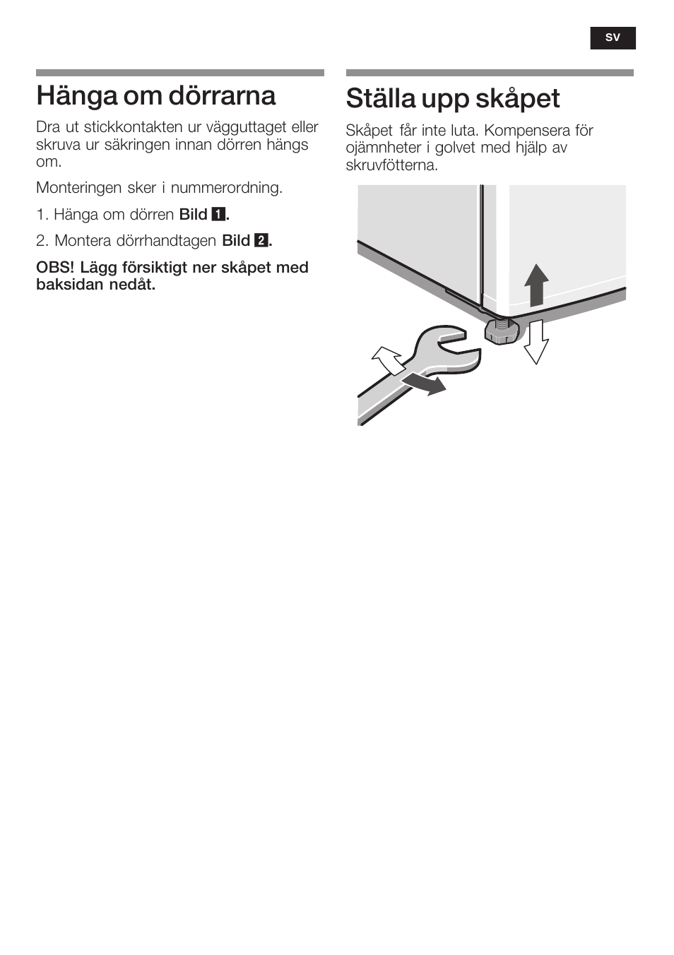 Hänga om dörrarna, Ställa upp skåpet | Bosch KGN 36A63 User Manual | Page 19 / 36