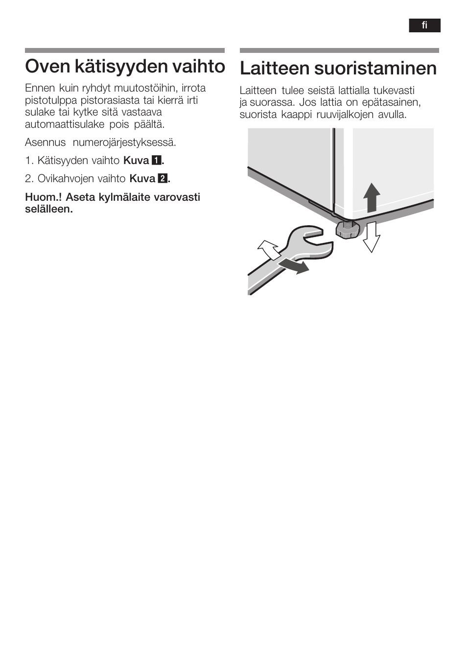 Oven kätisyyden vaihto, Laitteen suoristaminen | Bosch KGN 36A63 User Manual | Page 21 / 36