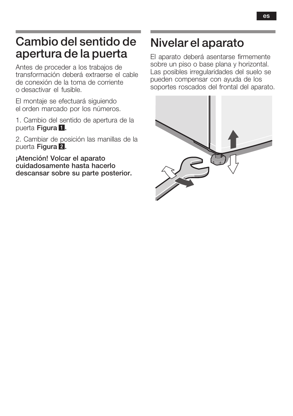 Cambio del sentido de apertura de la puerta, Nivelar el aparato | Bosch KGN 36A63 User Manual | Page 23 / 36