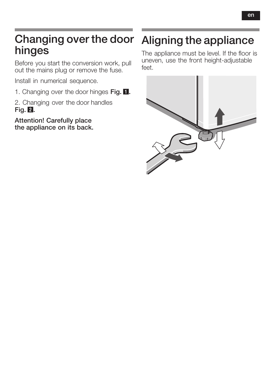 Changing over the door hinges, Aligning the appliance | Bosch KGN 36A63 User Manual | Page 7 / 36