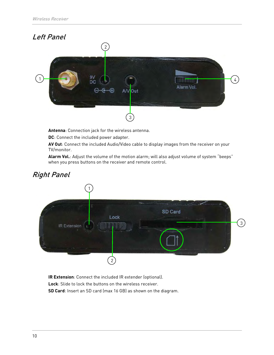 Left panel, Right panel | LOREX Technology LW2301 User Manual | Page 14 / 64
