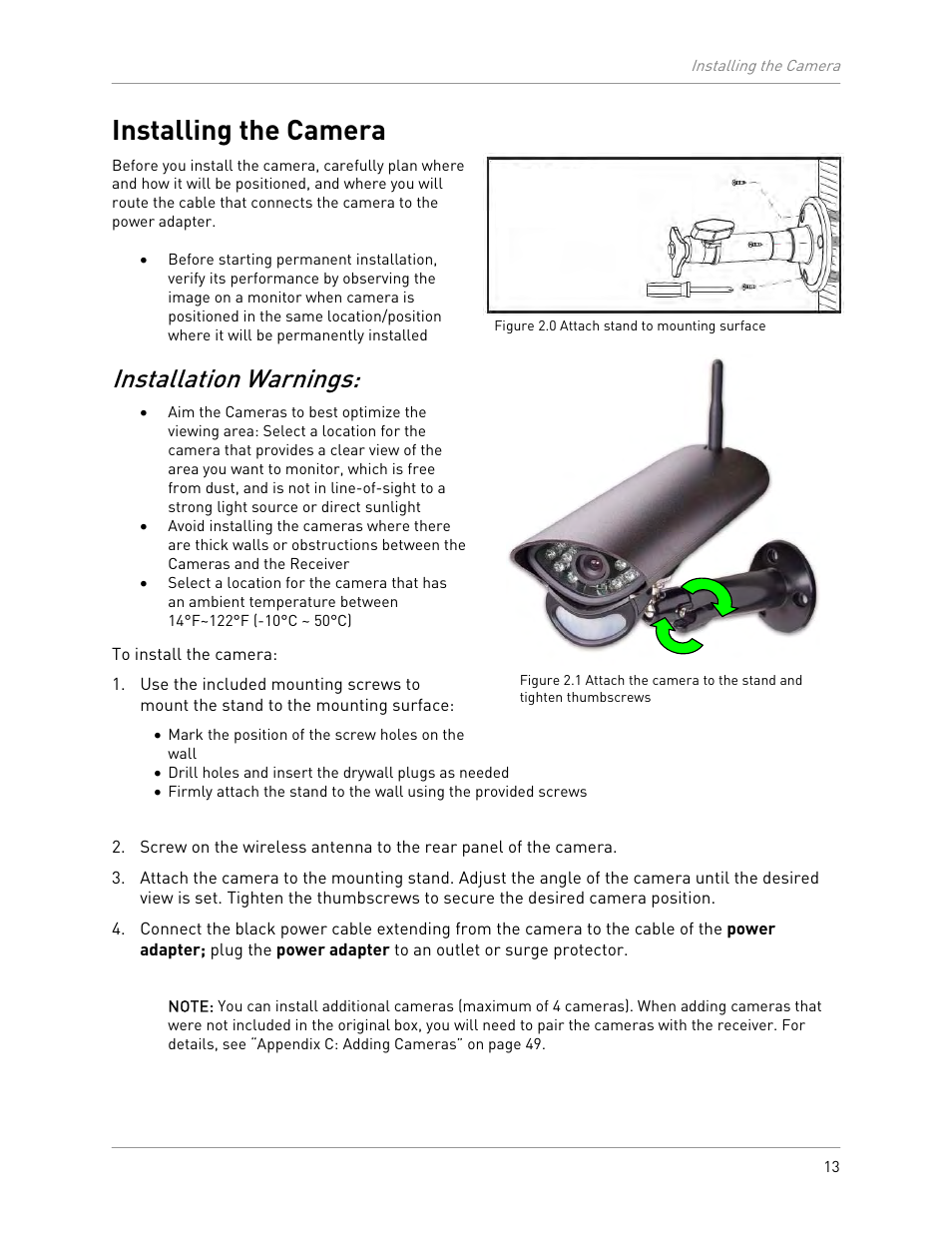 Installing the camera, Installation warnings | LOREX Technology LW2301 User Manual | Page 17 / 64