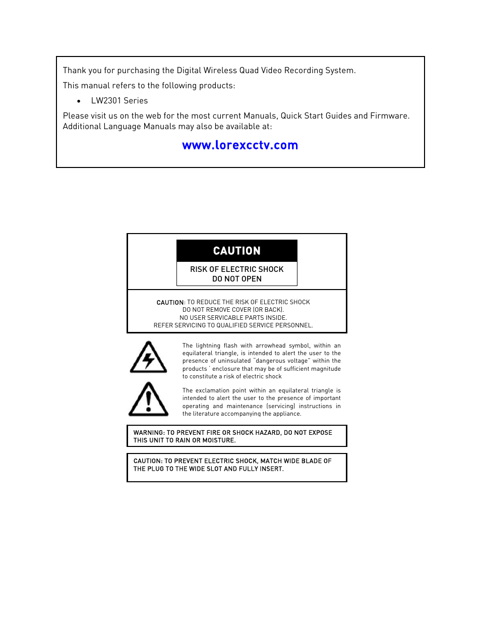 Caution | LOREX Technology LW2301 User Manual | Page 2 / 64