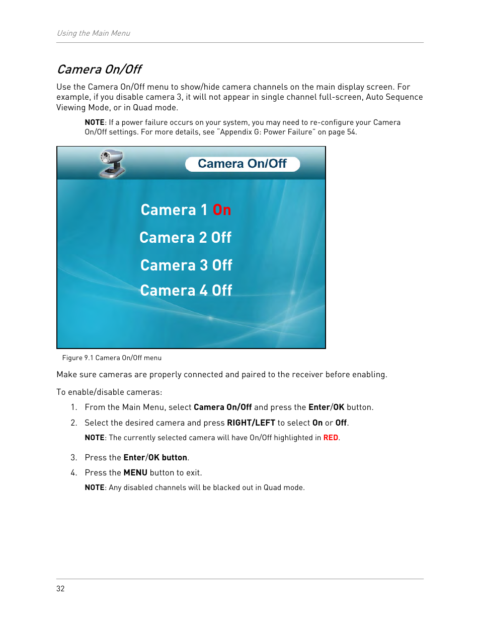 Camera 1 on camera 2 off camera 3 off camera 4 off, Camera on/off | LOREX Technology LW2301 User Manual | Page 36 / 64