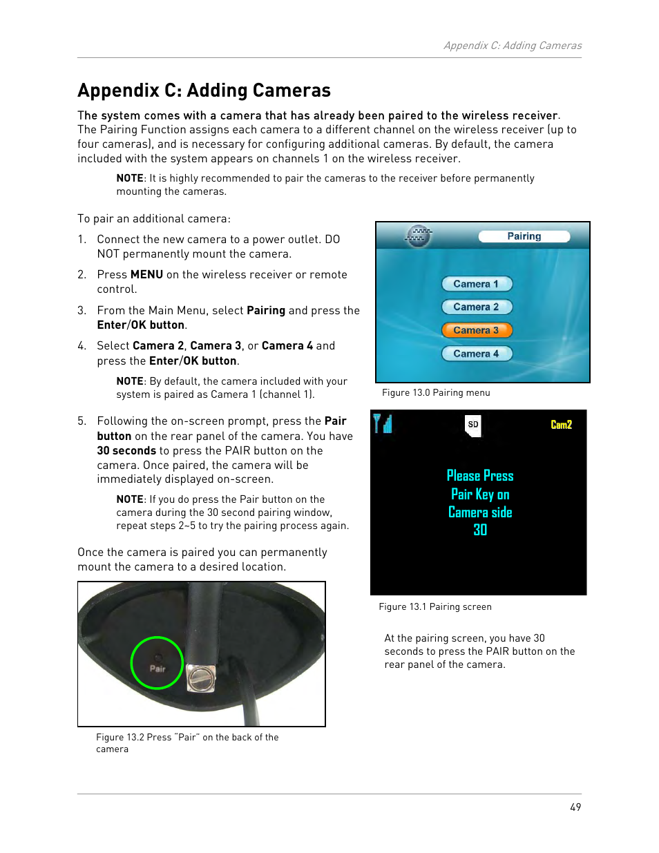 Appendix c: adding cameras, Please press pair key on camera side 30 | LOREX Technology LW2301 User Manual | Page 53 / 64