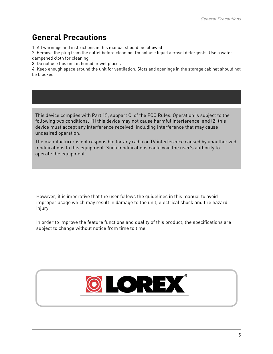 General precautions, Fcc notice | LOREX Technology LW2301 User Manual | Page 9 / 64