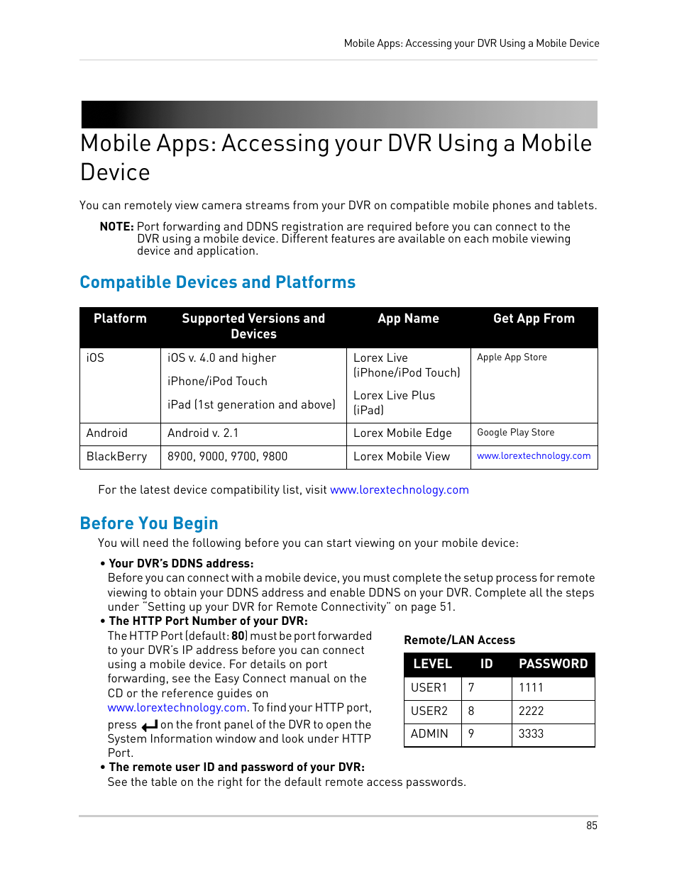 Compatible devices and platforms, Before you begin, Compatible devices and platforms before you begin | LOREX Technology LH330 EDGE2 User Manual | Page 103 / 144