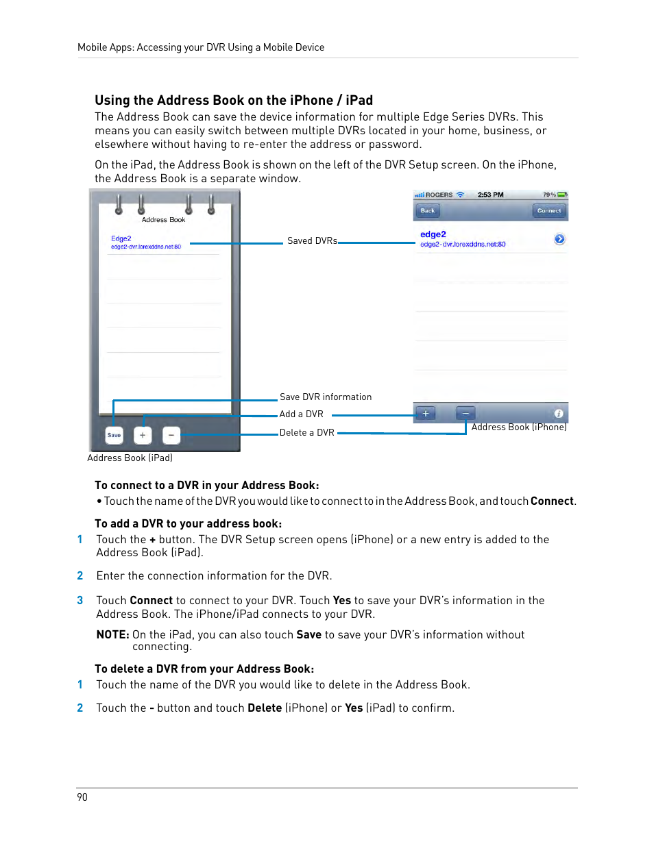 Using the address book on the iphone / ipad | LOREX Technology LH330 EDGE2 User Manual | Page 108 / 144