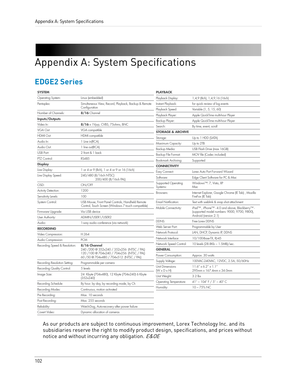 Appendix a: system specifications, Edge2 series, E&oe | 102 appendix a: system specifications | LOREX Technology LH330 EDGE2 User Manual | Page 120 / 144