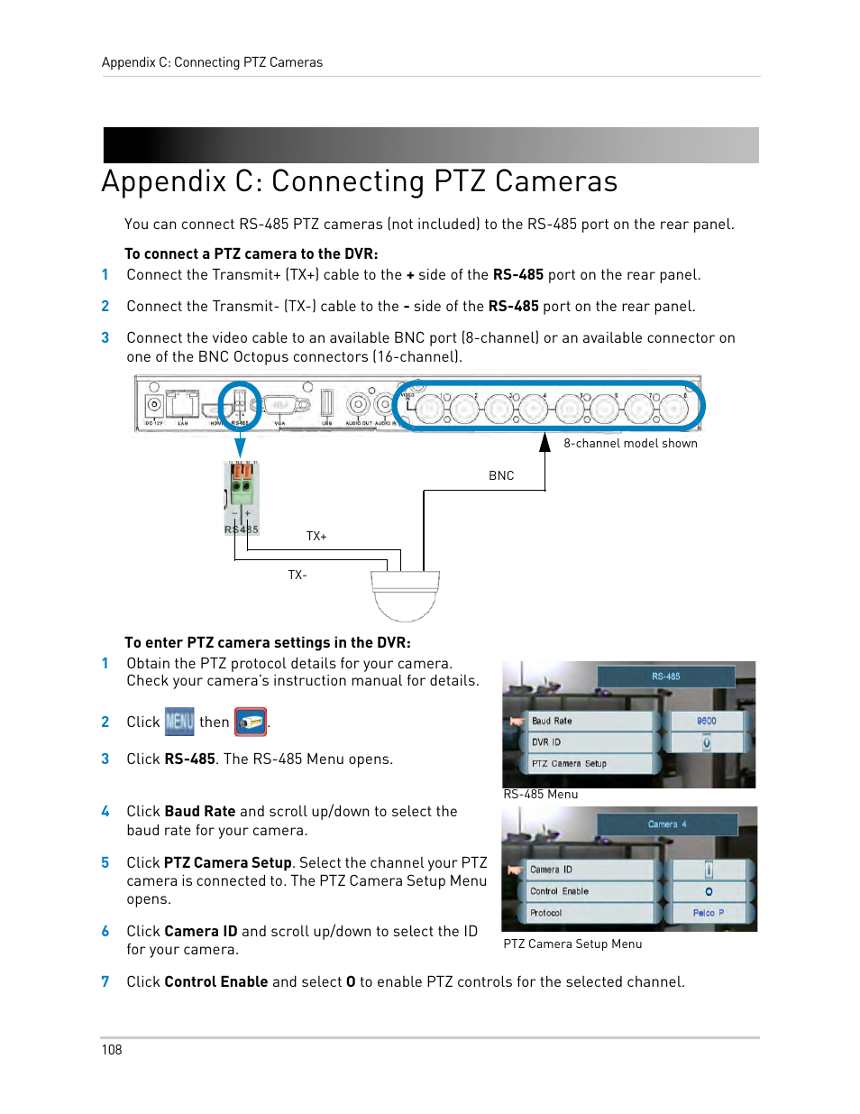 Appendix c: connecting ptz cameras, See “appendix c: connecting ptz | LOREX Technology LH330 EDGE2 User Manual | Page 126 / 144