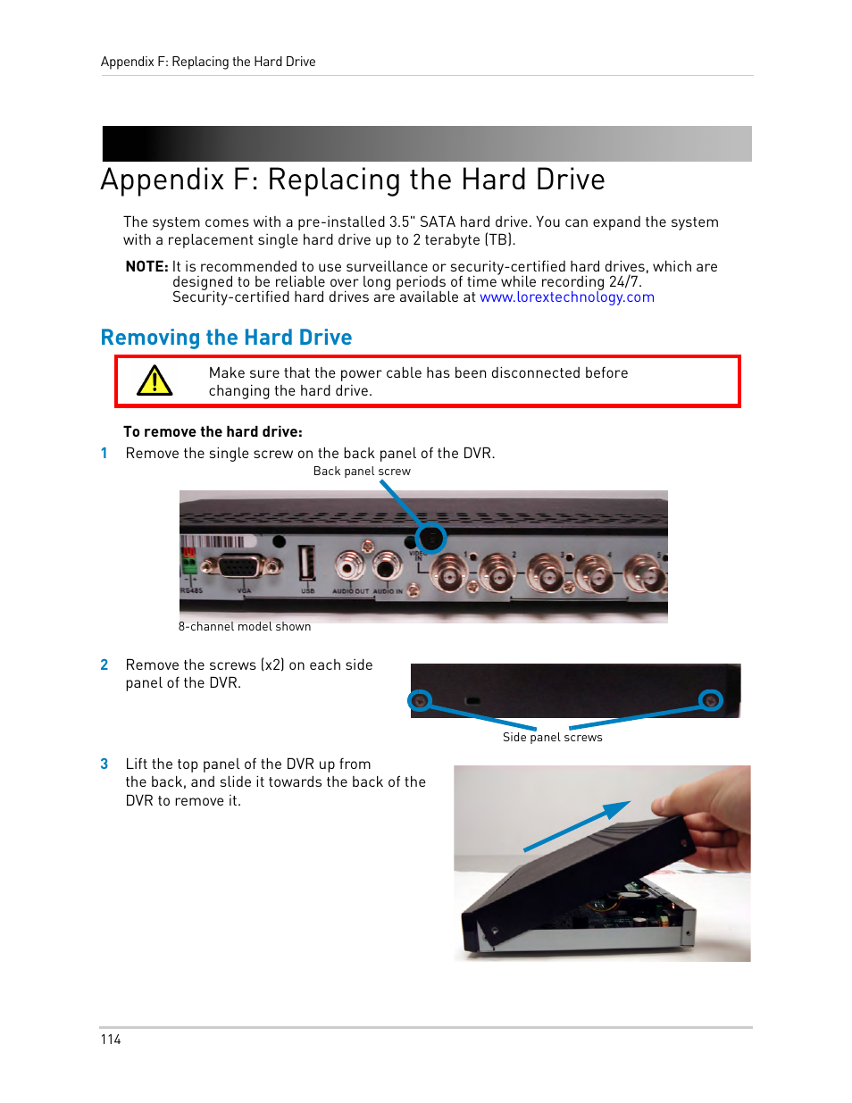 Appendix f: replacing the hard drive, Removing the hard drive | LOREX Technology LH330 EDGE2 User Manual | Page 132 / 144