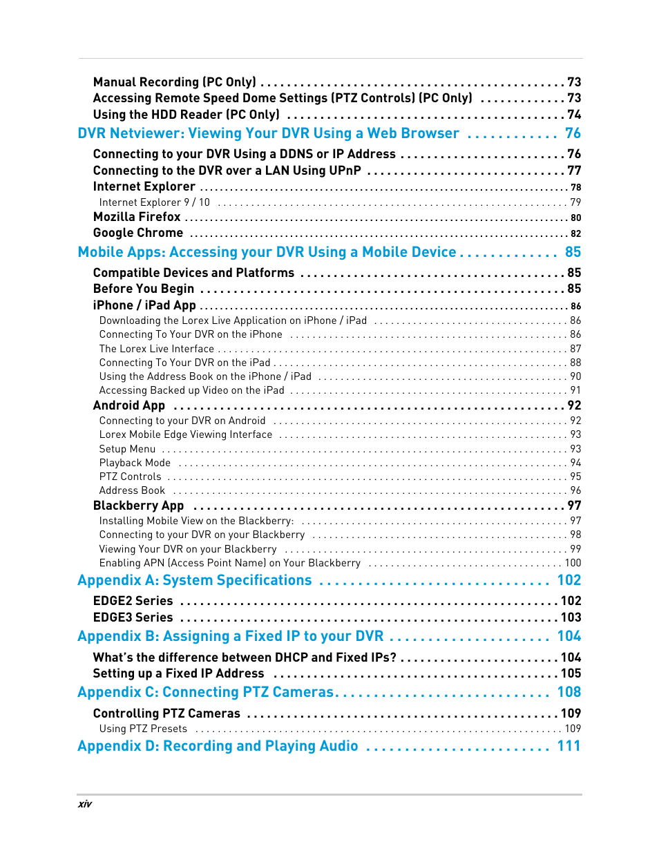 Appendix a: system specifications, Appendix b: assigning a fixed ip to your dvr, Appendix c: connecting ptz cameras | Appendix d: recording and playing audio | LOREX Technology LH330 EDGE2 User Manual | Page 16 / 144