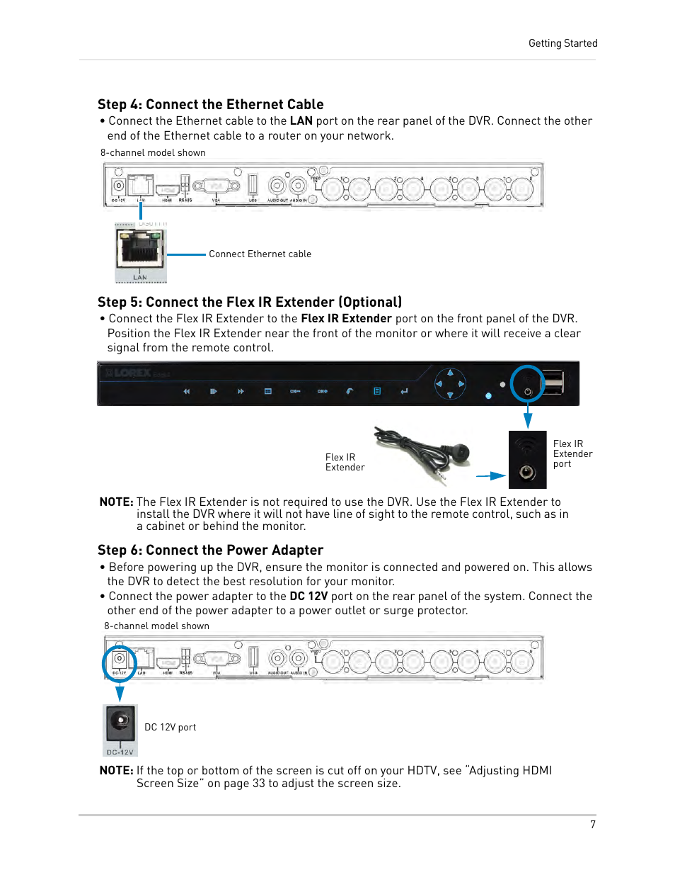 Step 4: connect the ethernet cable, Step 5: connect the flex ir extender (optional), Step 6: connect the power adapter | LOREX Technology LH330 EDGE2 User Manual | Page 25 / 144