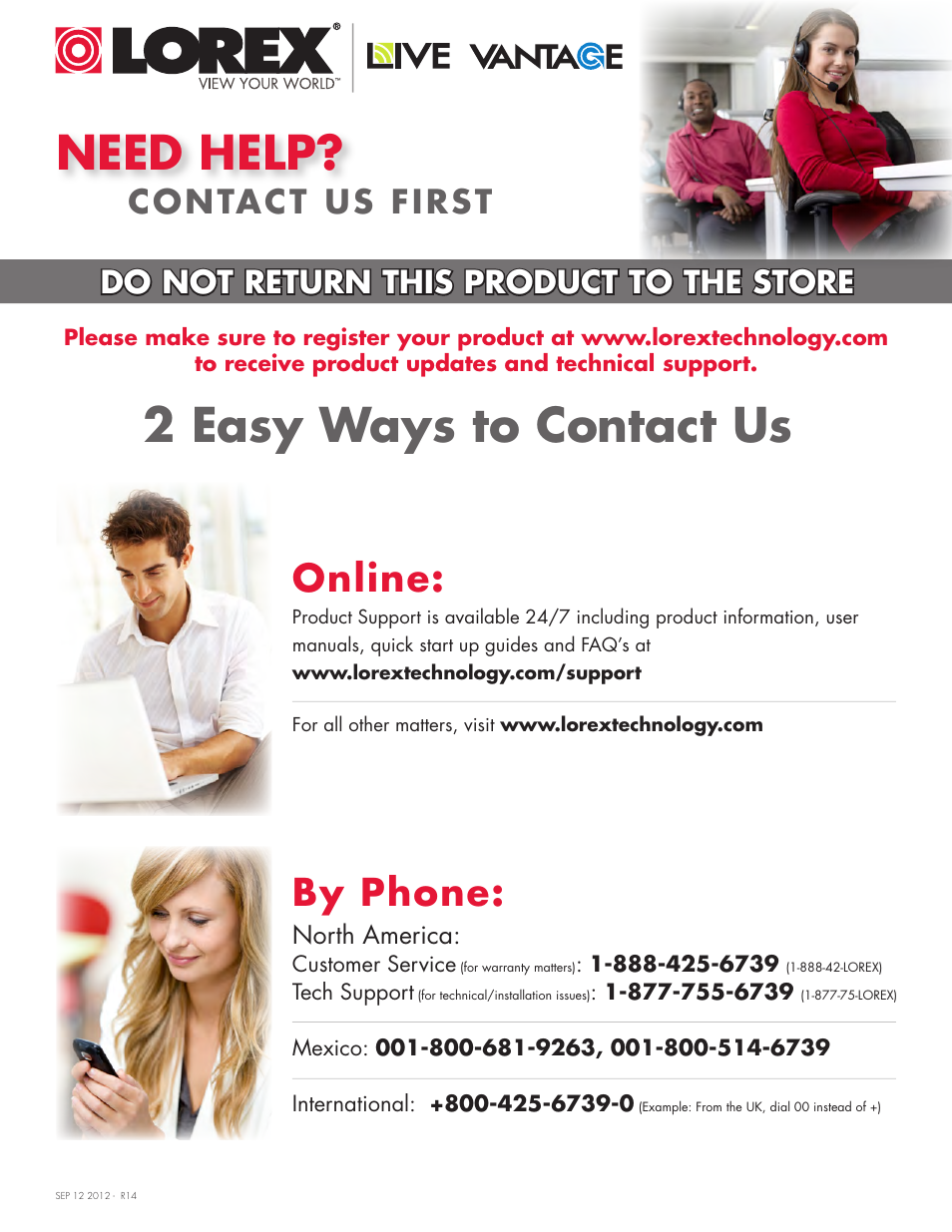 Need help, 2 easy ways to contact us, By phone: online | Contact us first, Do not return this product to the store | LOREX Technology LH330 EDGE2 User Manual | Page 3 / 144