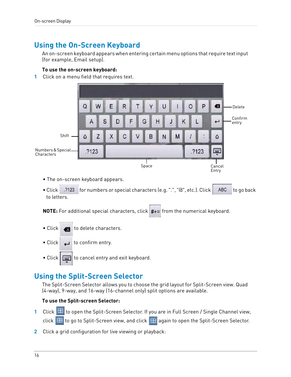 Using the on-screen keyboard, Using the split-screen selector | LOREX Technology LH330 EDGE2 User Manual | Page 34 / 144